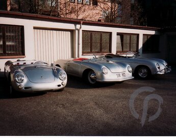 Porsche Roadster, Speedster und Spyder in einer Reihe in unserer alten Werkstatt in Eberbach
