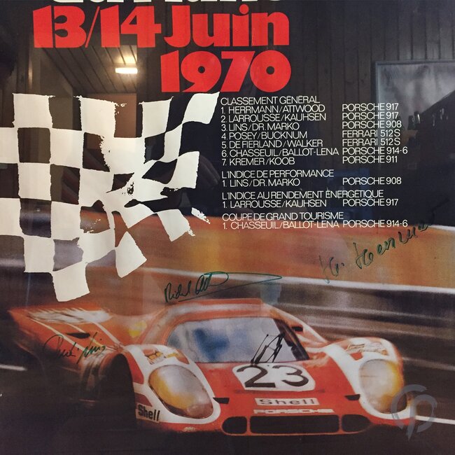 Das Plakat zum Gesamtsieg der 24h von Le Mans 1970. Mit Original-Unterschriften von Hans Herrmann und Dick Attwood