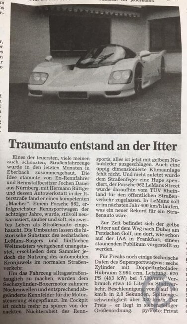 Zeitungsbericht Schnellster Straßensportwagen Dauer 962 der Welt entstand in Eberbach bei Hermann Rüttger