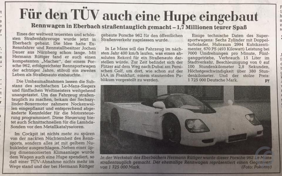 Zeitungsbericht zum Aufbau des Dauer 962 Le Mans bei Hermann Rüttger in Eberbach