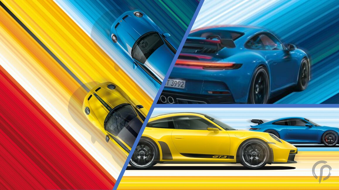 Collage aus 3 Fotos der Porsche 992 GT3 in gelb und blau vor einem bunten Hintergrund mit Streifen 