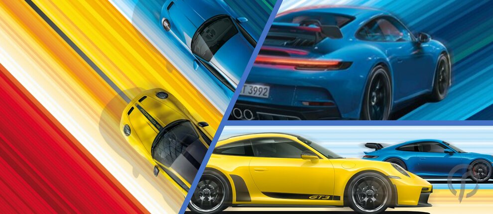 Collage aus 3 Fotos der Porsche 992 GT3 in gelb und blau vor einem bunten Hintergrund mit Streifen 